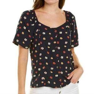 Madewell Navy Blue Floral Print Button Up Scoop Neck Ember Blouse Women's Size L